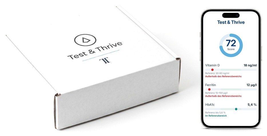 Test & Thrive Testkit-Box und Beispiel-Ergebnis auf dem Smartphone