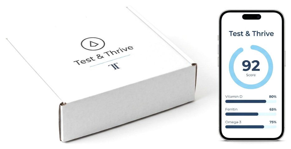 Test & Thrive Testkit-Box und App auf dem iPhone