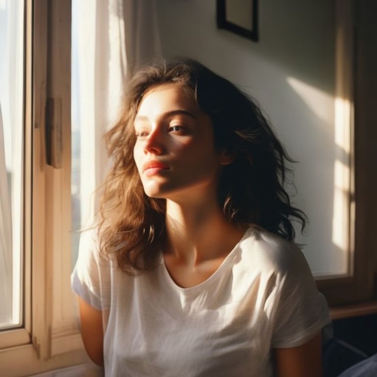 Frau im Morgenlicht am Fenster